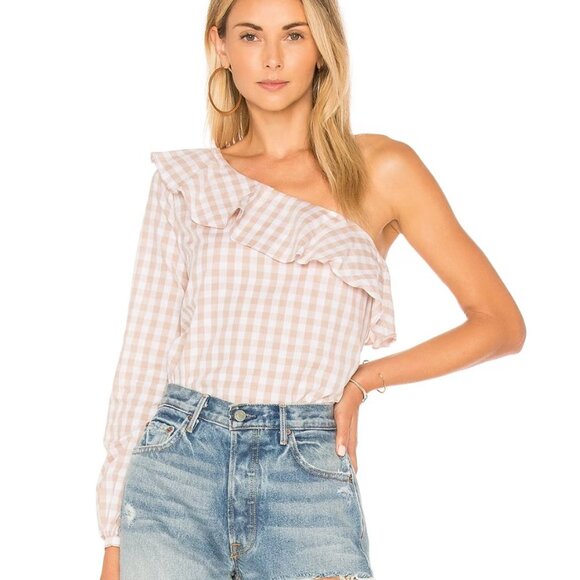 NWT L'Academie The Asymmetrical Blouse in taupe gingham size small - Picture 1 of 9